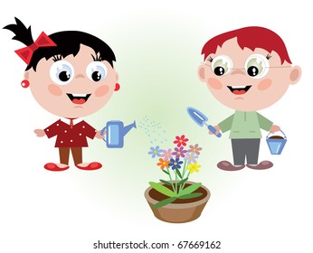  Boy and  girl watering flower