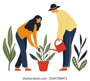 Niño y niña regando plantas junto con cuidado y alegría | Diseño de Naturaleza y Jardinería | Ilustración vectorial plana