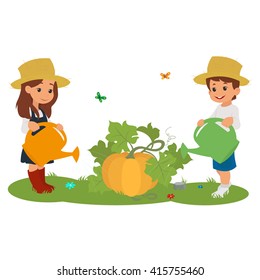 boy and girl watering the pumpkin. children water the plants.  vector