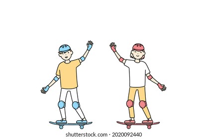 Boy and girl waving while riding a skateboard