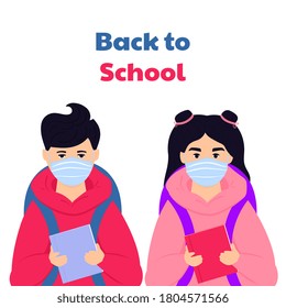 Boy and girl wear face mask protect virus. Kids with backpacks and books ready to go back to school