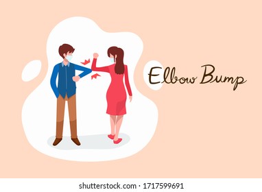 Boy and Girl wear protection masks and are greeting by elbow bump without touching hands..Social distancing. Coronavirus prevention. Vector with copy space for banner, poster and background.
