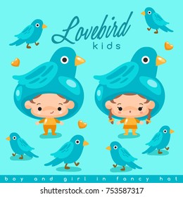 Boy and girl wearing Animal fancy hat : Lovebird: Vector Illustration