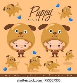 Boy and girl wearing Animal fancy hat : Puppy : Vector Illustration