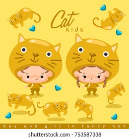 Boy and girl wearing Animal fancy hat Cat : Vector Illustration