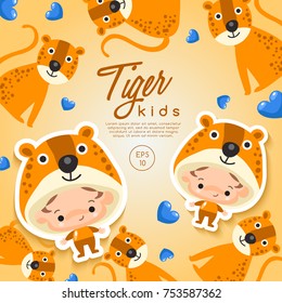 Boy and girl wearing Animal fancy hat : Tiger : Vector Illustration