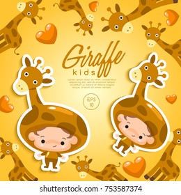 Boy and girl wearing Animal fancy hat : Giraffe : Vector Illustration