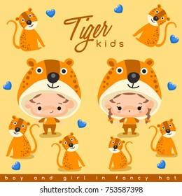 Boy and girl wearing Animal fancy hat : Tiger : Vector Illustration