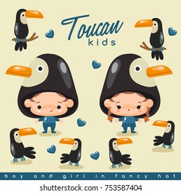 Boy and girl wearing Animal fancy hat : Toucan : Vector Illustration