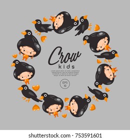 Boy and girl wearing Animal fancy hat : Crow : Vector Illustration
