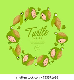 Boy and girl wearing Animal fancy hat : Turtle :Vector Illustration