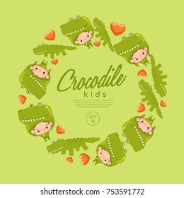 Boy and girl wearing Animal fancy hat : Crocodile : Vector Illustration