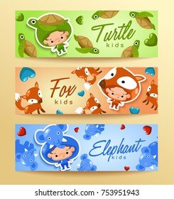 Boy and girl wearing Animal fancy hat : Horizontal Card template : Vector Illustration
