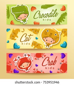 Boy and girl wearing Animal fancy hat : Horizontal Card template : Vector Illustration