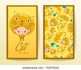 Boy and girl wearing Animal fancy hat : Vertical Card Template : Vector Illustration