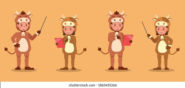 Boy and girl wearing cow costumes character vector design. Presentation in various action with emotions.
