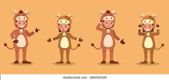 Boy and girl wearing cow costumes character vector design. Presentation in various action with emotions.