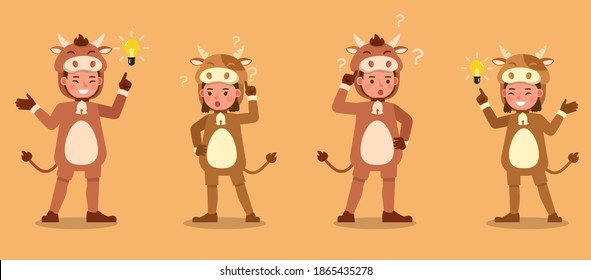 Boy and girl wearing cow costumes character vector design. Presentation in various action with emotions.