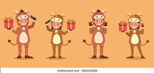 Boy and girl wearing cow costumes character vector design. Presentation in various action with emotions.