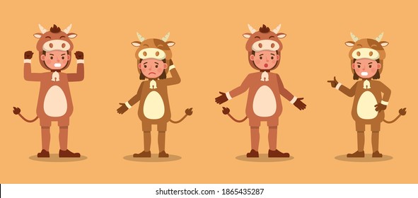 Boy and girl wearing cow costumes character vector design. Presentation in various action with emotions.