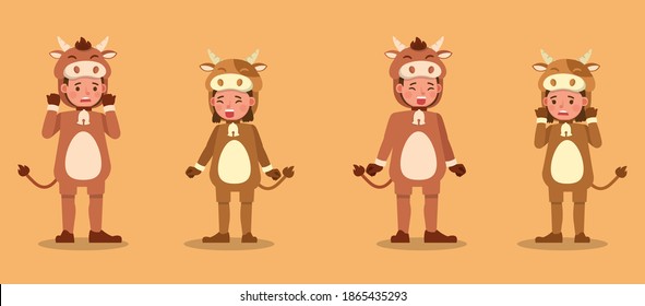 Boy and girl wearing cow costumes character vector design. Presentation in various action with emotions.