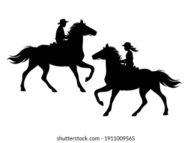 boy and girl wearing cowboy hats riding running horses - ranch kids black and white vector silhouette set