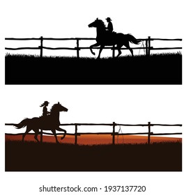 boy and girl wearing cowboy hats riding running horses behind wooden paddock fence - ranch kids vector silhouette set