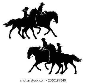 boy and girl wearing cowboy hats riding running horses with their father - ranch kids black and white vector silhouette design set