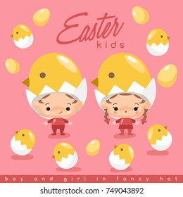 Boy and girl wearing Easter fancy hat : Vector Illustration