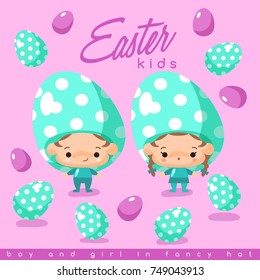 Boy and girl wearing Easter fancy hat : Vector Illustration