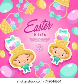 Boy and girl wearing Easter fancy hat : Vector Illustration