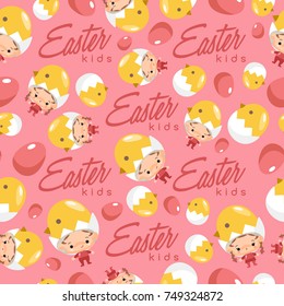 Boy and girl wearing Easter fancy hat : Seamless Pattern : Vector Illustration