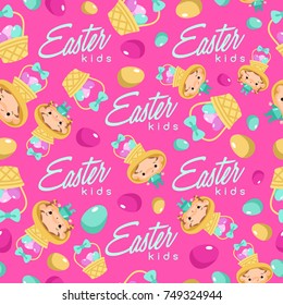 Boy and girl wearing Easter fancy hat : Seamless Pattern : Vector Illustration