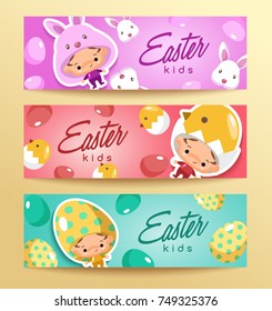 Boy and girl wearing Easter fancy hat : Horizontal Card Template :  Vector Illustration