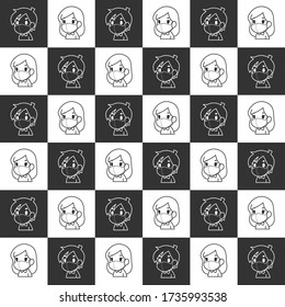 Boy and girl wearing face mask for covid-19 protection seamless repeat pattern in Black and White