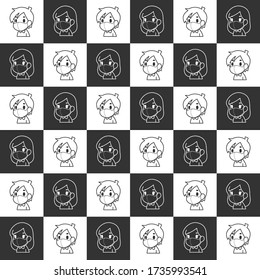 Boy and girl wearing face mask for covid-19 protection seamless repeat pattern in Black and White