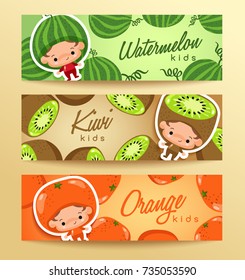 Boy and girl wearing fruit shaped hat in horizontal label template : Vector Illustration