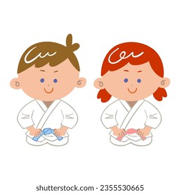 A boy and a girl wearing gi and sitting straight