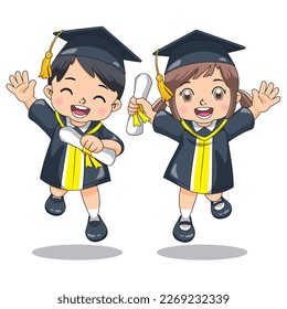 A boy and a girl wearing a graduation cap and gown.