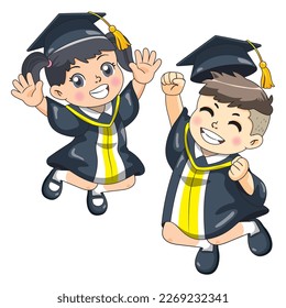 A boy and a girl wearing a graduation cap and gown.