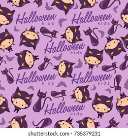 Boy and girl wearing Halloween fancy hat : Seamless Pattern : Vector Illustration