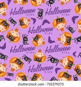 Boy and girl wearing Halloween fancy hat : Seamless Pattern : Vector Illustration