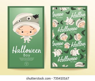 Boy and girl wearing Halloween fancy hat in vertical card template : Vector Illustration