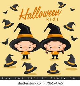 Boy and girl wearing Halloween fancy hat : Vector Illustration