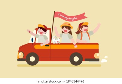 Boy and girl wearing hat waving hand on a car with discovery gangster flag cartoon character, flat vector illustration