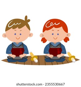 A boy and a girl wearing kendo clothes and sitting seiza