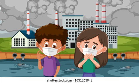 Boy and girl wearing mask in front of factory buildings illustration