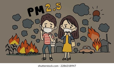 Boy and girl wearing mask. Young people wear protect face masks, outdoor PM 2.5 air pollution and breath protection, hand drawing vector illustration