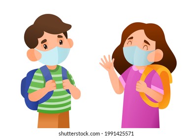 Boy and girl wearing medical mask back to school after covid-19 pandemic situations  getting better, isolated on white background, vector illustration 