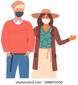 Boy and girl wearing medical masks. People stand together and pose vector illustration isolated on white background. Cartoon characters on coronavirus self-isolation. Couple protects face with masks